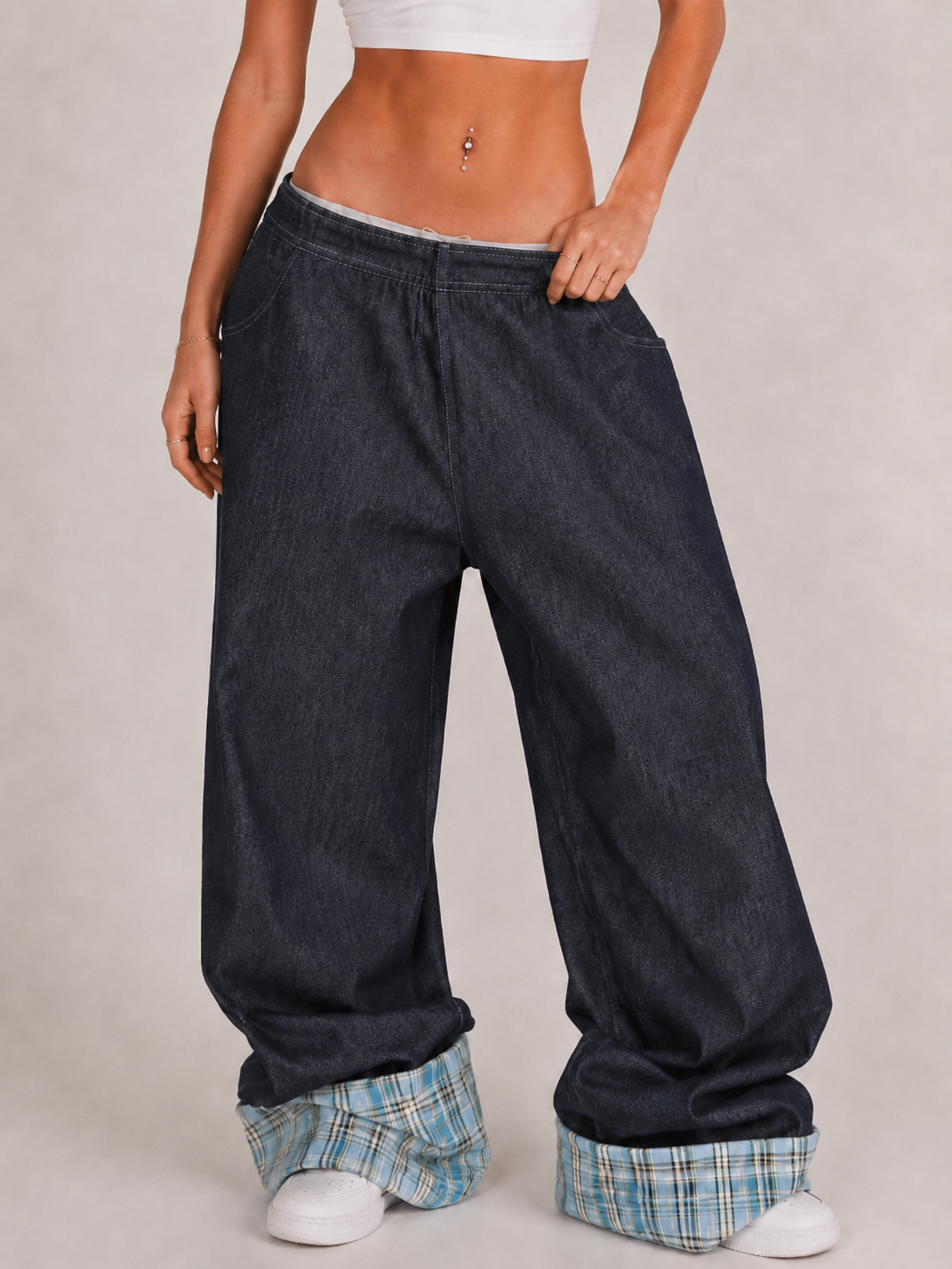 Plaid patchwork jeans - Planet Missy