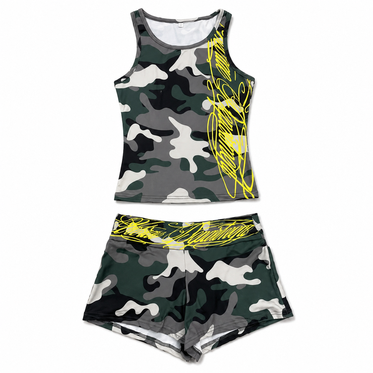 A two-piece athletic set featuring a sleeveless tank top and matching shorts in a green, gray, and white camouflage pattern with a bright yellow scribble graphic on the front.