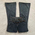 Y2K Vintage Low Rise Flare Jeans Women Harajuku Fashion Pockets Buckle Belt Blue Denim Pants Gothic Hot Girl Slim Fit Trousers - Planet Missy
