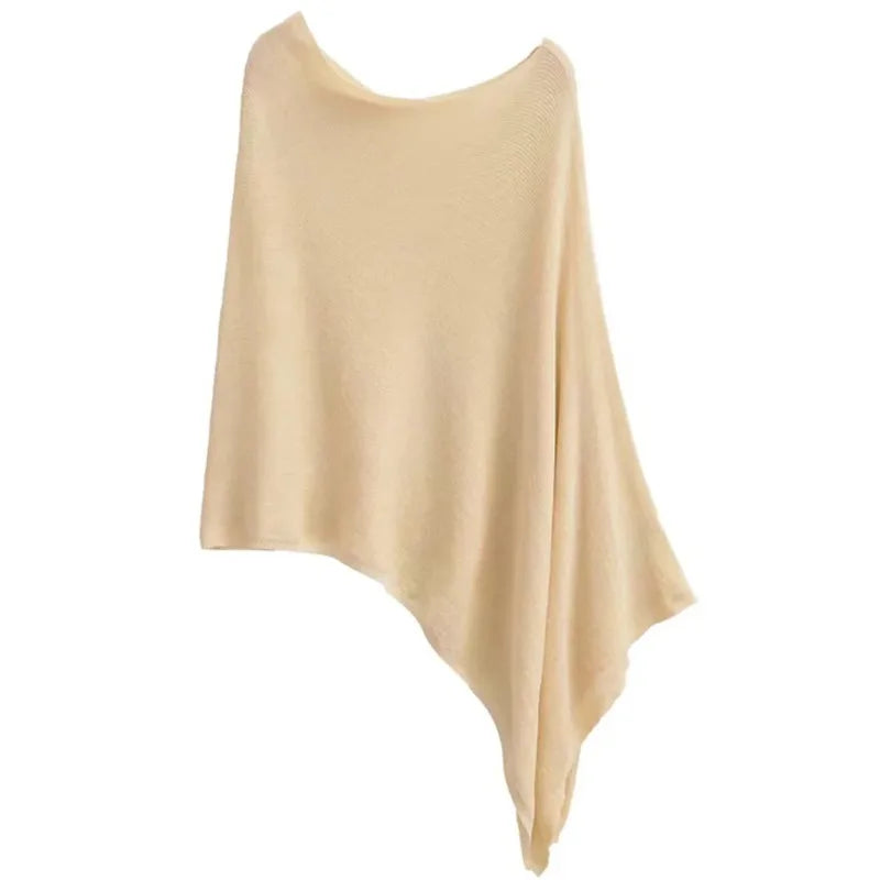 Asymmetric Cape Poncho Top Knit – Cream, Black