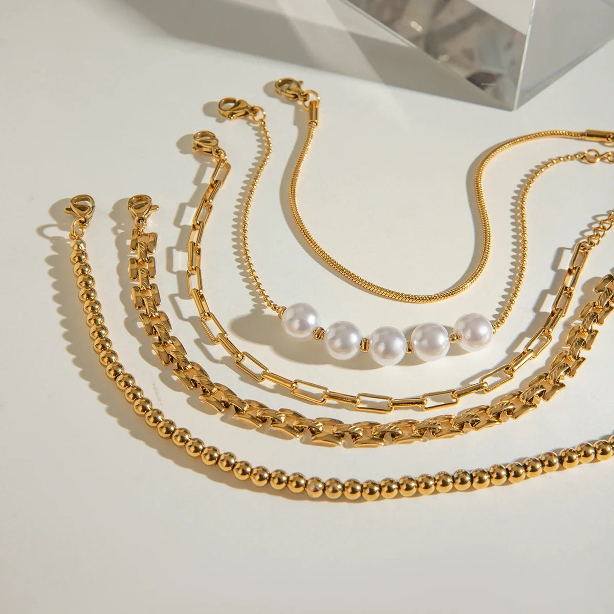 Stainless Steel Pearl Snake Chain Bracelet – White
