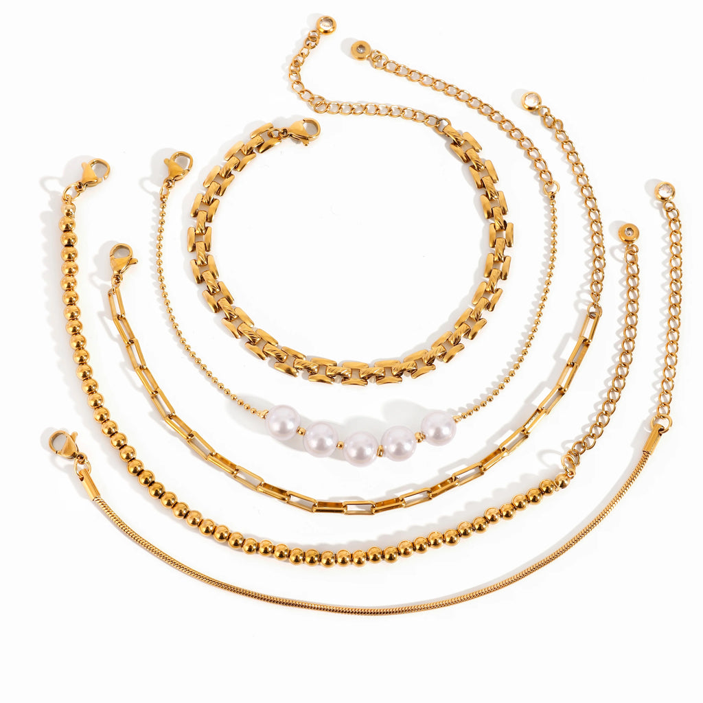 Stainless Steel Pearl Snake Chain Bracelet – White