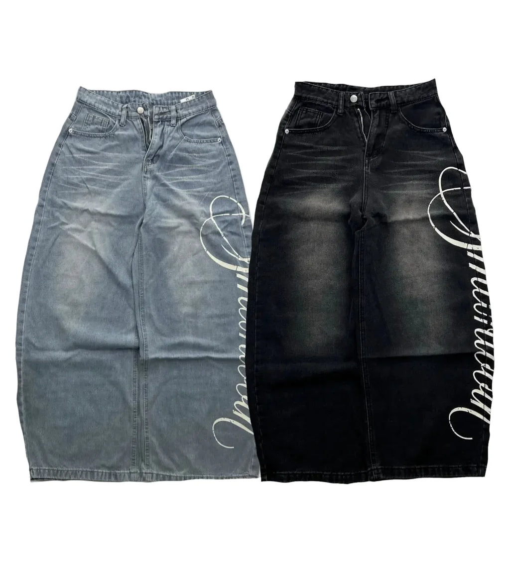 Graphic Baggy Jeans – Black
