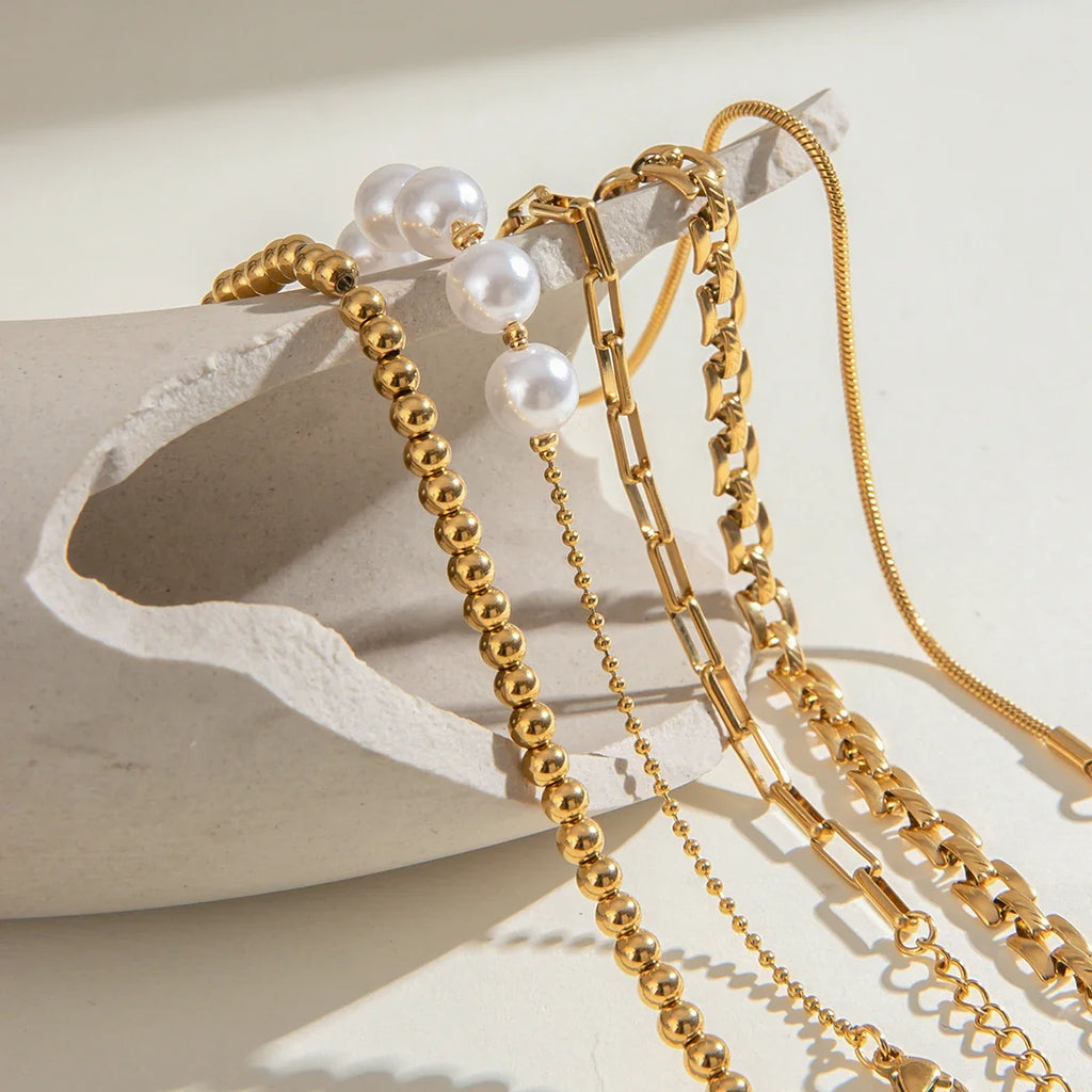Stainless Steel Pearl Snake Chain Bracelet – White