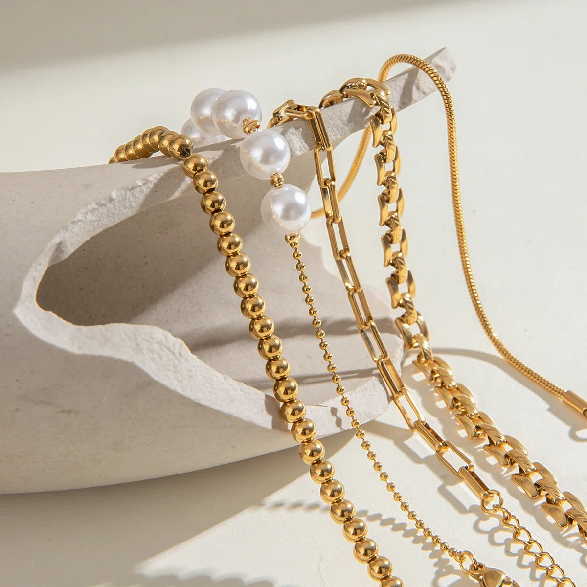 Stainless Steel Pearl Snake Chain Bracelet – White