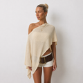 Asymmetric Cape Poncho Top Knit – Cream, Black