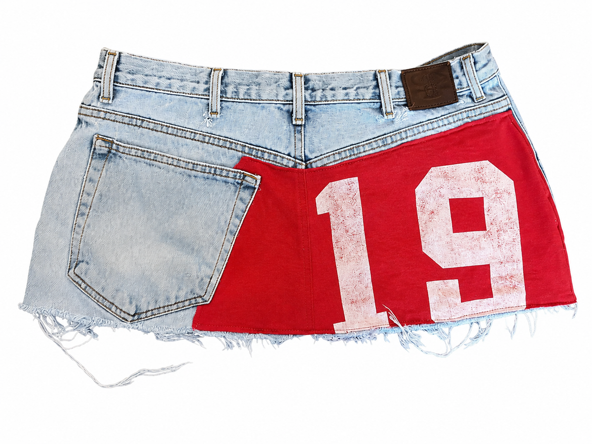 Red Applique Print Denim Skirt